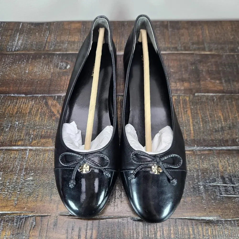 NEW Tory Burch Cap Toe Ballet Womens Size 7.5 Logo Flats Shoe Goat Leather Black